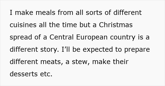 Woman reluctant to cook foreign traditional Christmas spread with multiple dishes including meats, stew, and desserts.