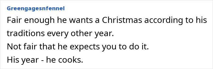 Text excerpt about a woman who doesn&rsquo;t want to cook a foreign traditional Christmas spread, discussing fairness in holiday cooking roles.