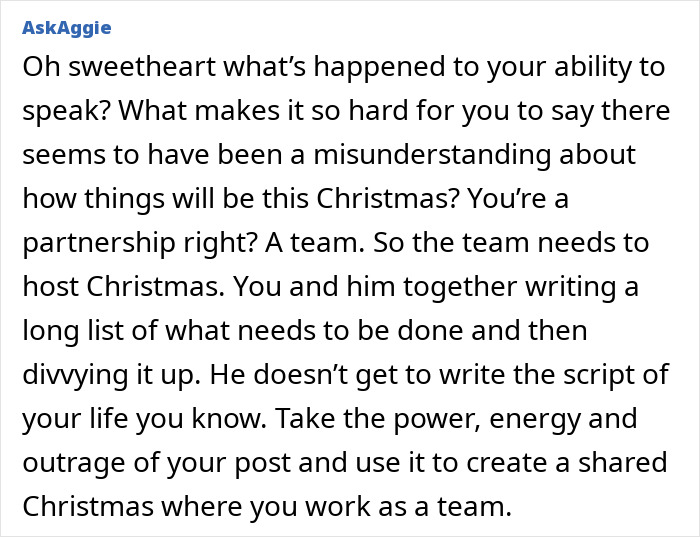 Woman refuses to cook traditional Christmas spread, expressing frustration over holiday hosting and teamwork responsibilities.