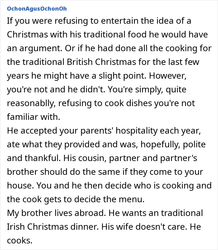 Woman refuses to cook unfamiliar foreign traditional Christmas spread, preferring familiar holiday dishes instead.