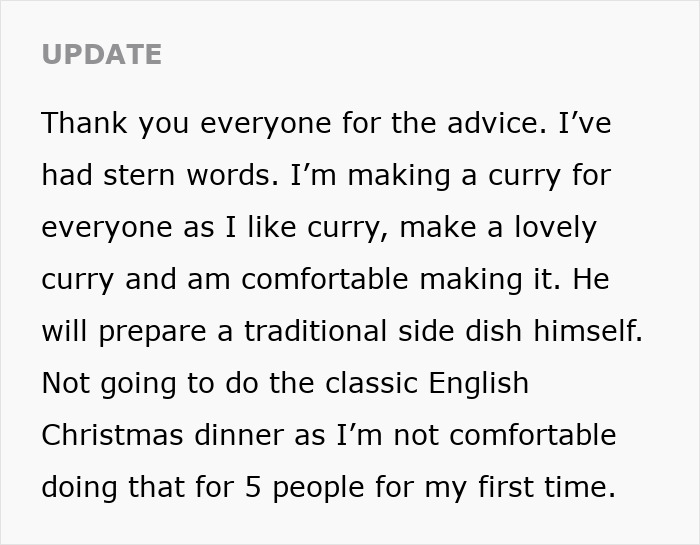 Text update about woman who doesn&rsquo;t want to cook a foreign traditional Christmas spread, choosing curry instead for comfort.