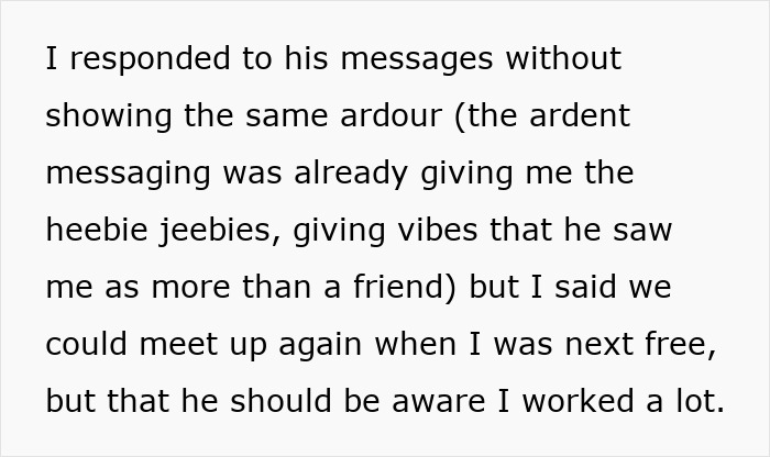 Woman worried about lonely widower who fixates and starts appearing wherever she goes, offering company cautiously.