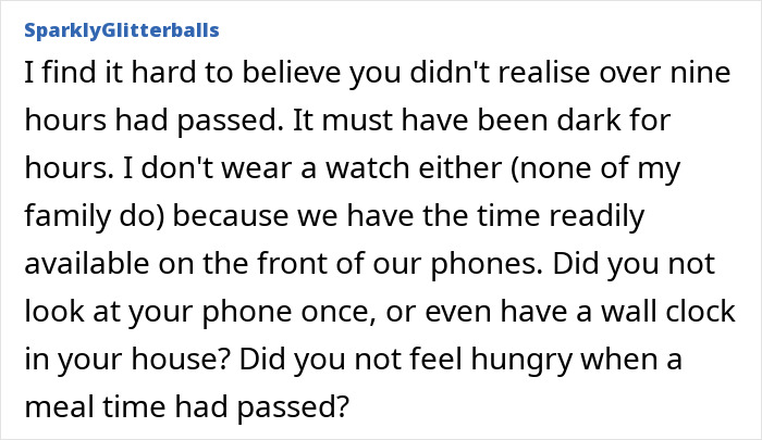 Text post discussing difficulty believing someone lost track of time for hours, mentioning no watches worn and questions about checking phones, clocks, or feeling hungry.