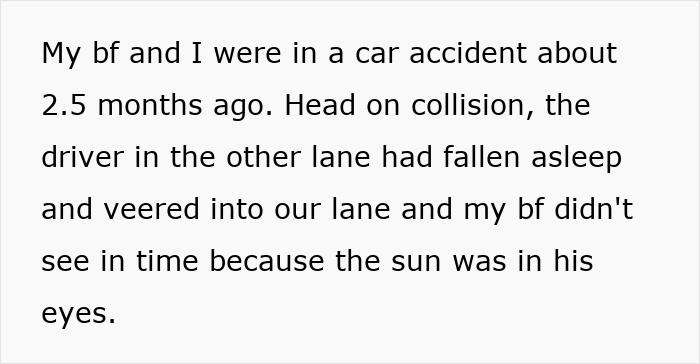 Text describing a car crash where a guy is upset his nurse girlfriend prioritized dogs and a baby during the accident.