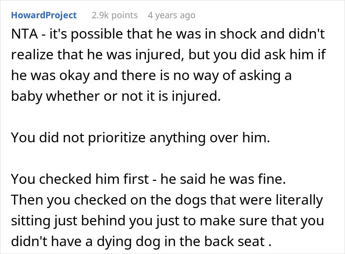 Comment discussing a nurse girlfriend prioritizing dogs and a baby during a car crash, addressing injury concerns.