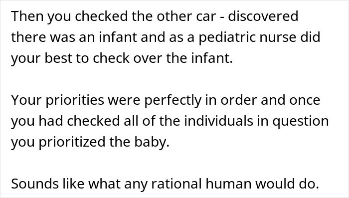 Text describing a nurse prioritizing care for a baby and dogs during a car crash, upsetting her boyfriend.