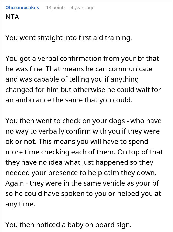 Comment discussing a nurse girlfriend prioritizing dogs and a baby during a car crash, explaining first aid response.