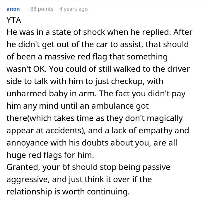 Comment discussing a guy upset his nurse girlfriend prioritized dogs and a baby during a car crash, highlighting relationship red flags.