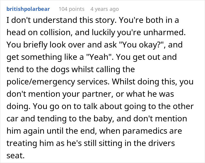 Screenshot of Reddit comment questioning the nurse girlfriend prioritizing dogs and baby during a car crash incident.
