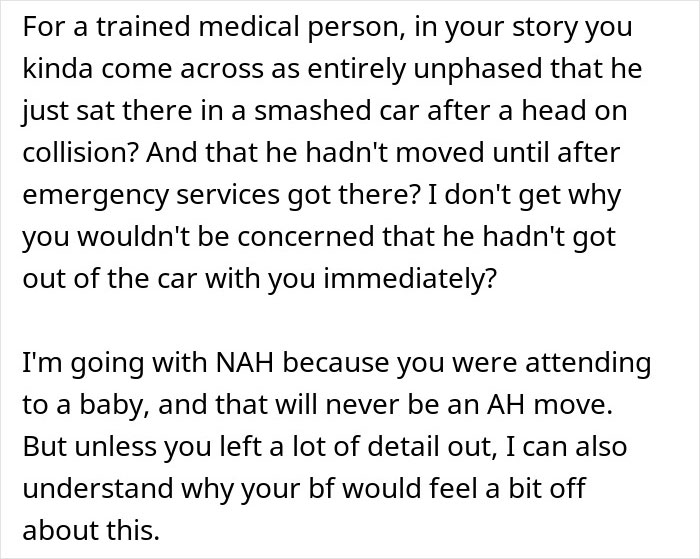 Text excerpt discussing a guy upset his nurse girlfriend prioritized dogs and a baby during a car crash, sharing perspectives.