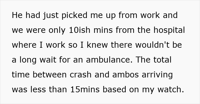 Text excerpt describing a nurse girlfriend prioritizing dogs and a baby during a car crash, upsetting her boyfriend.
