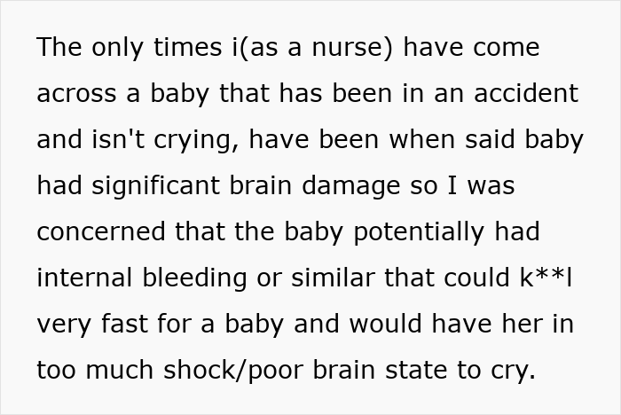 Text post explaining a nurse's concern for a baby with possible brain damage after an accident, upsetting her boyfriend.