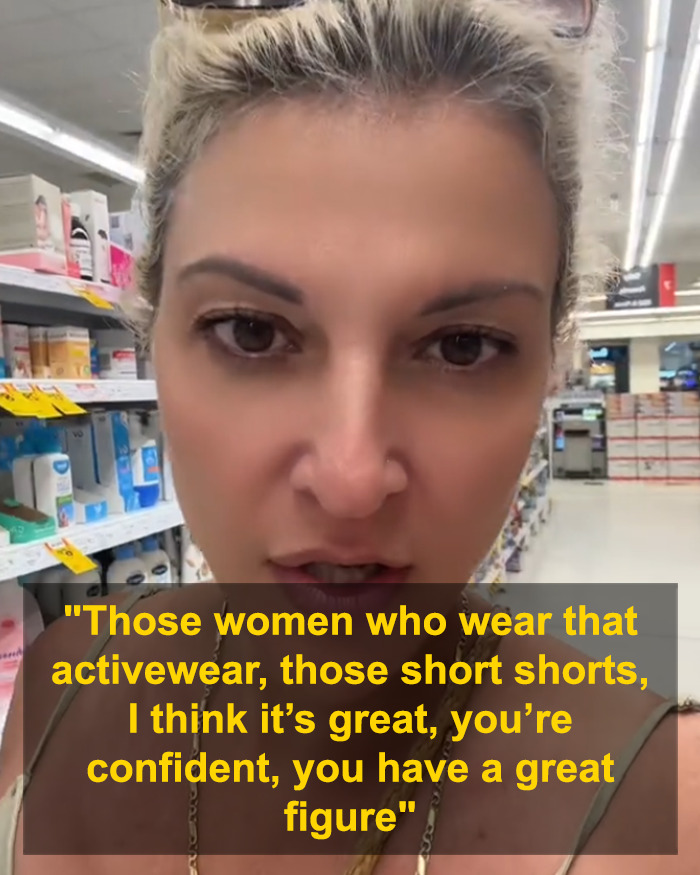 Woman in store making a viral rant about decency in public and the controversial activewear trend.