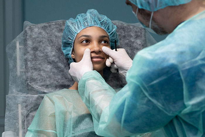 Plastic surgery consultation with woman wearing surgical cap while doctor examines her nose and cheeks.