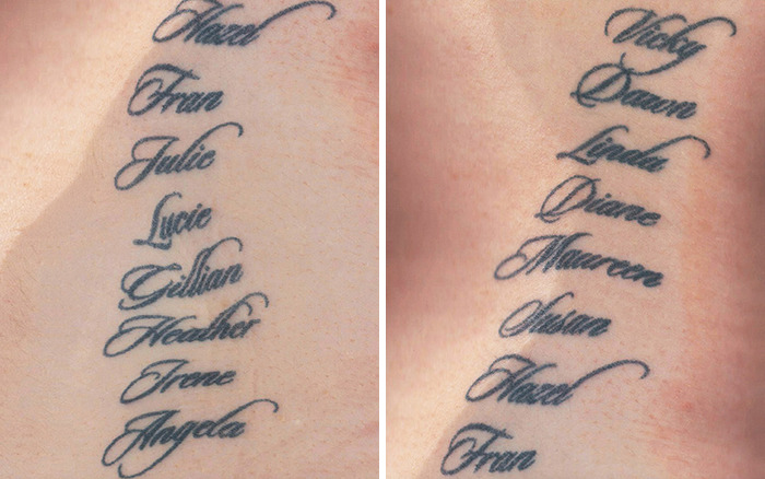 Close-up of a woman's tattoo featuring multiple names, illustrating a controversial feminist tattoo rule dividing the internet.