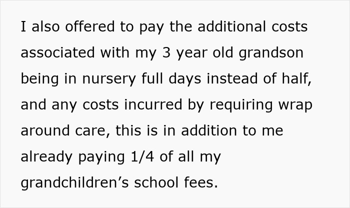 Text about paying additional costs for 3 year old grandson's full-day nursery and school fees while babysitting multiple kids. Text about paying additional costs for 3 year old grandson's full-day nursery and school fees while babysitting multiple kids.