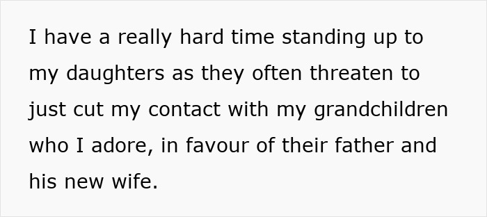 Text on a white background about a grandma feeling stuck babysitting five kids and struggling with family conflicts. Text on a white background about a grandma feeling stuck babysitting five kids and struggling with family conflicts.