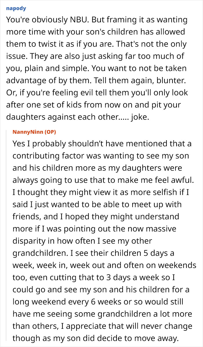 Comment section discussing grandma feeling stuck babysitting five kids and regretting agreeing to it. Comment section discussing grandma feeling stuck babysitting five kids and regretting agreeing to it.
