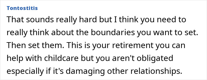 Screenshot of an online comment about grandma feeling stuck babysitting five kids and wanting to set boundaries. Screenshot of an online comment about grandma feeling stuck babysitting five kids and wanting to set boundaries.