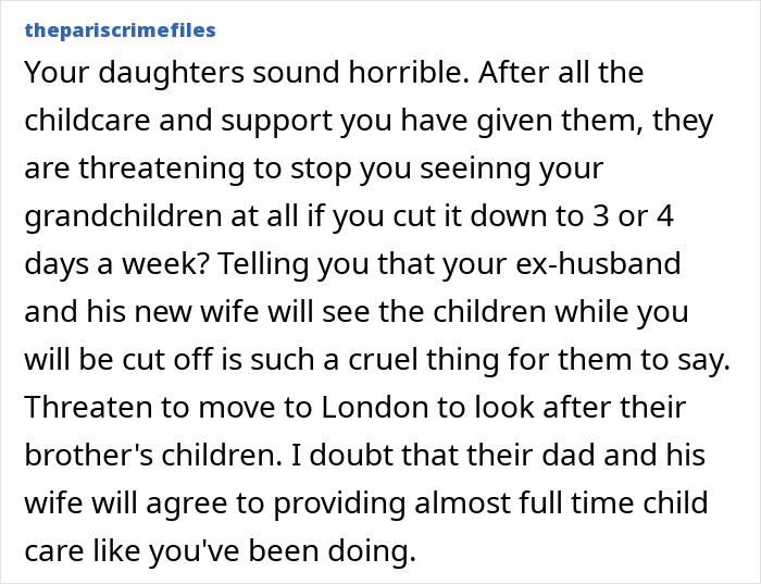 Text message discussing a grandma feeling stuck babysitting five kids and facing family conflicts over childcare. Text message discussing a grandma feeling stuck babysitting five kids and facing family conflicts over childcare.