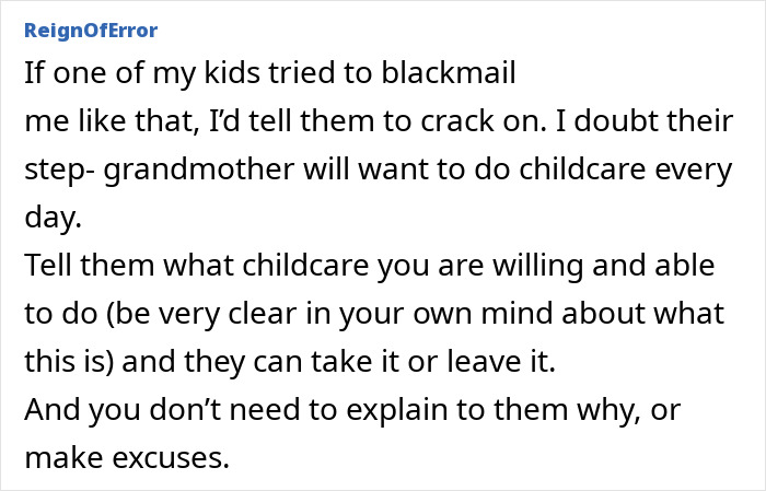 Text comment about a grandmother feeling stuck babysitting five kids, expressing regret and advice on childcare boundaries. Text comment about a grandmother feeling stuck babysitting five kids, expressing regret and advice on childcare boundaries.