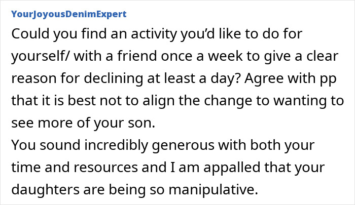 Comment discussing grandma feeling stuck and overwhelmed babysitting five kids, expressing regret and frustration. Comment discussing grandma feeling stuck and overwhelmed babysitting five kids, expressing regret and frustration.