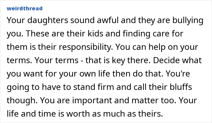 Text from a user on Weirdthread forum advising a grandma feeling stuck babysitting five kids and setting firm boundaries. Text from a user on Weirdthread forum advising a grandma feeling stuck babysitting five kids and setting firm boundaries.