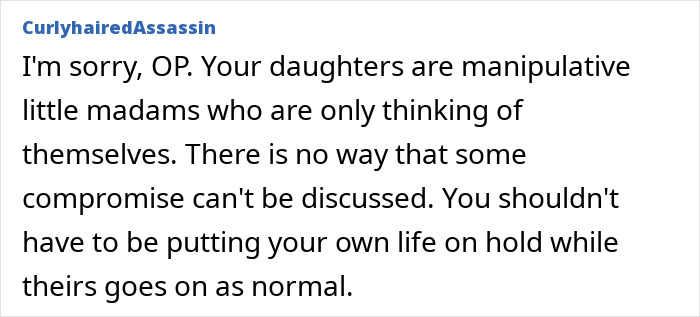 Text comment from user CurlyhairedAssassin apologizing to grandma feeling stuck babysitting 5 kids and discussing manipulation and compromise. Text comment from user CurlyhairedAssassin apologizing to grandma feeling stuck babysitting 5 kids and discussing manipulation and compromise.
