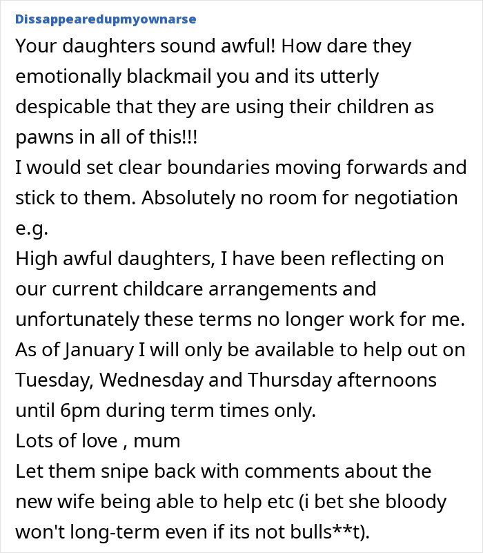 Comment discussing grandma feeling stuck babysitting five kids and regretting agreeing to it, expressing frustration and setting boundaries. Comment discussing grandma feeling stuck babysitting five kids and regretting agreeing to it, expressing frustration and setting boundaries.