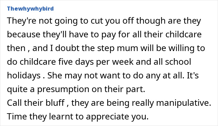 Text screenshot showing a comment about feeling stuck babysitting five kids and being manipulated by family. Text screenshot showing a comment about feeling stuck babysitting five kids and being manipulated by family.