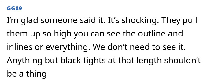 Comment expressing shock about the activewear trend and criticizing black tights worn at a short length.