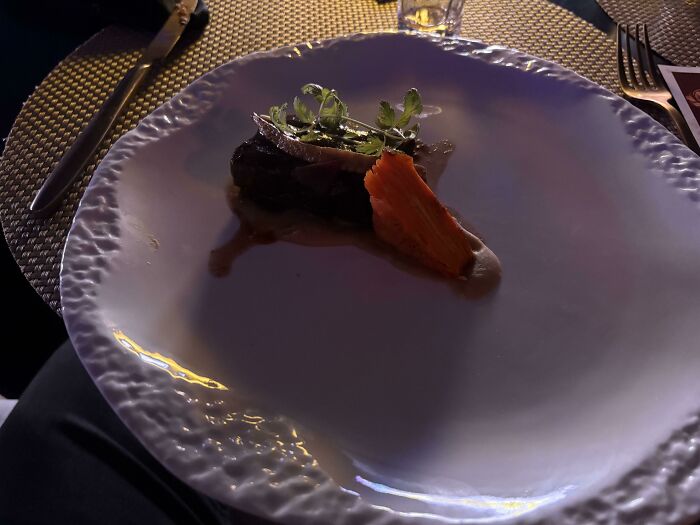 Plate with a small serving of steak and lobster, garnished with herbs, highlighting juicy steak and buttery lobster complaints.