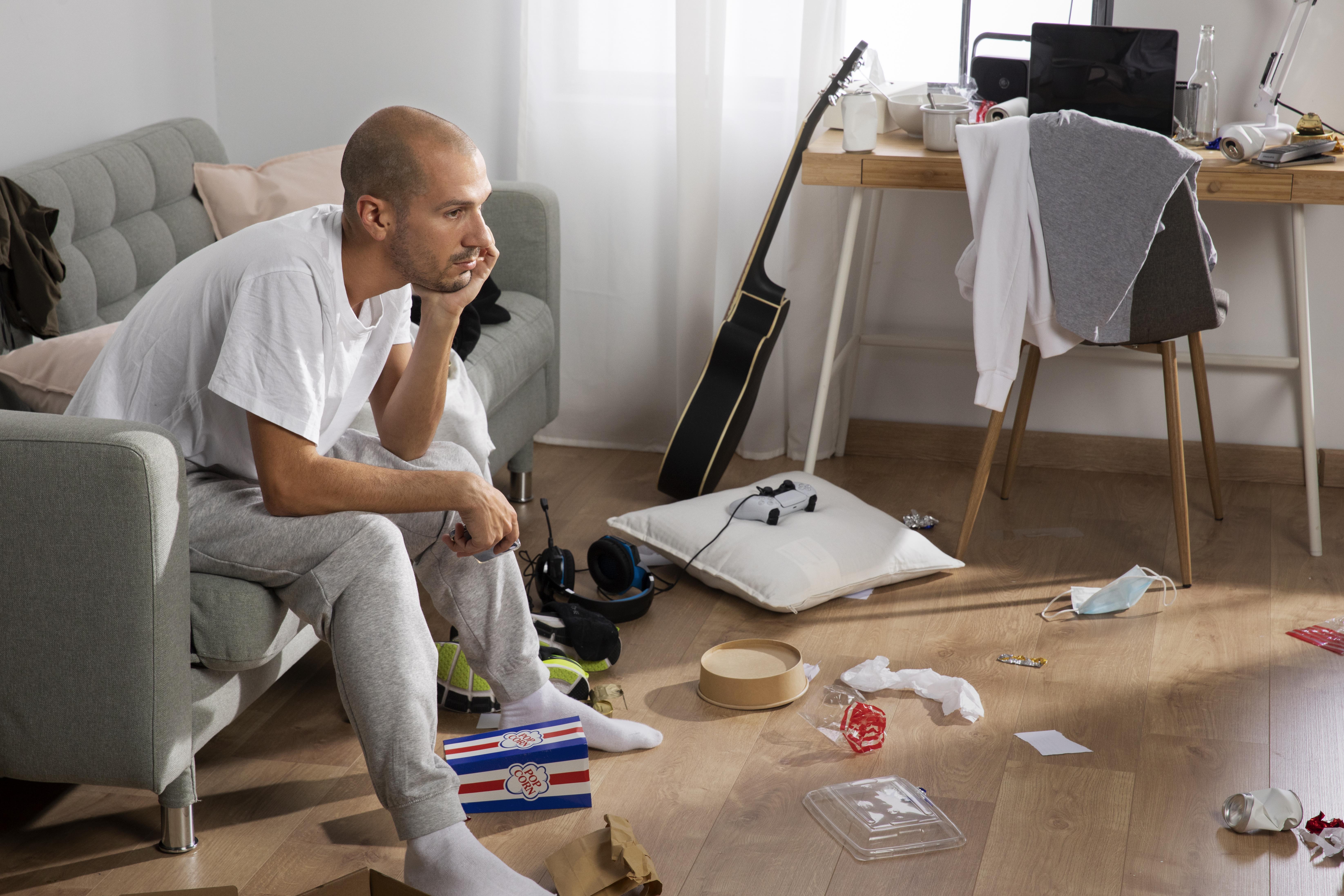 Man sitting on messy couch, looking frustrated in cluttered room, reflecting on how he treats wife like his servant.