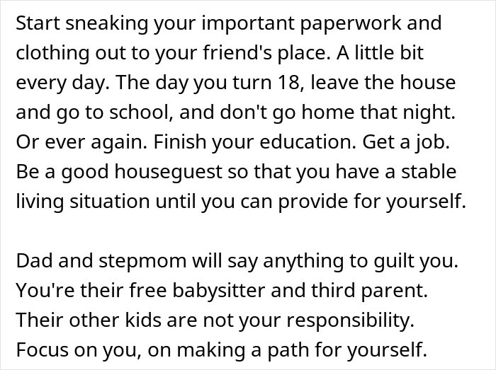 Text excerpt about a teen refusing to babysit step-siblings and facing conflict with dad over responsibilities.
