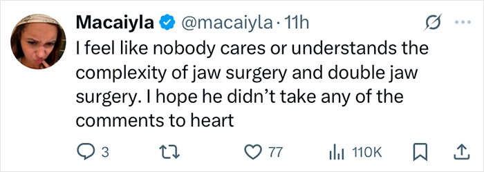 Twitter post by Macaiyla discussing jaw surgery complexity related to Zac Efron's back to normal face and expert opinions.