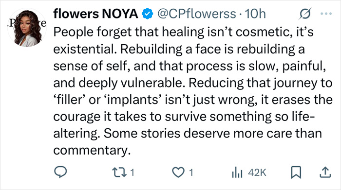 Tweet from flowers NOYA discussing the emotional process of healing the face beyond cosmetic treatments.