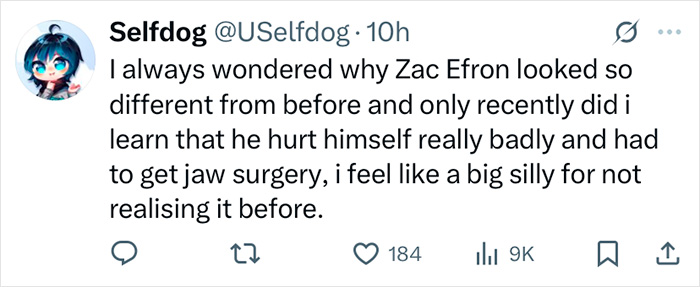 Tweet discussing Zac Efron's changed appearance after jaw surgery, sparking conversation and expert opinions.