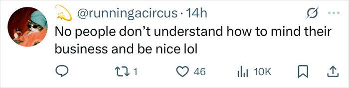 Tweet from user runningacircus discussing people not understanding how to mind their business, with engagement metrics visible.