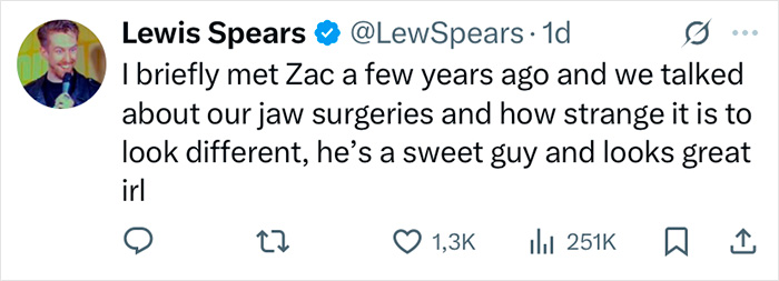 Lewis Spears tweeting about Zac Efron's jaw surgeries and how his changed face has everyone talking online.