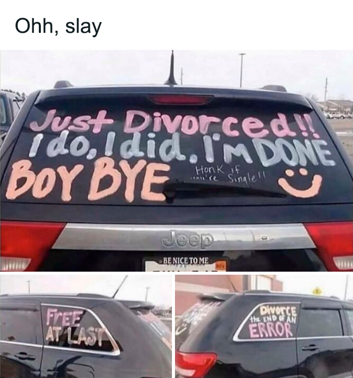 Car windows decorated with colorful divorce celebration messages, a funny meme brightening dark and cold winter days.
