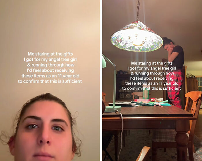 Woman having mixed emotions after buying Dollar Store items for child&rsquo;s Angel Tree gift haul at a dining table.