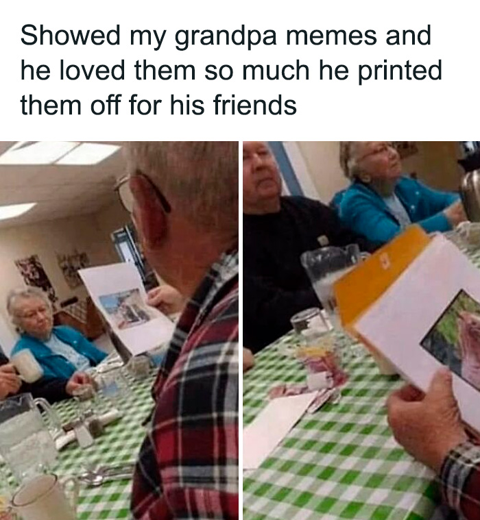 Elderly man sharing printed memes with friends at a table, capturing a sweet and wholesome moment to cleanse your feed.