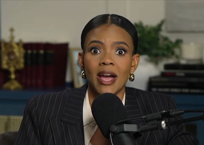 Candace Owens speaking into a microphone with a surprised expression during a video recording session.