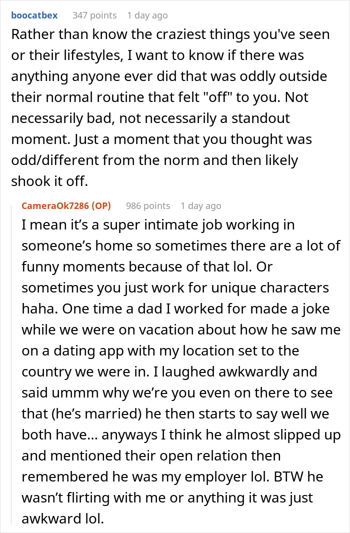 Reddit conversation with nanny to the ultra-wealthy sharing funny and intimate moments behind closed doors in luxury homes.