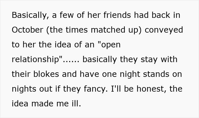 Text about a fianc&eacute;e&rsquo;s unexpected request for an open relationship months before their wedding making the man feel ill.