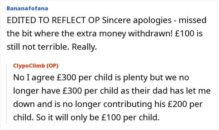 Screenshot of online forum post showing a dad changes contribution from &pound;300 to &pound;100 per child, causing mom to panic.