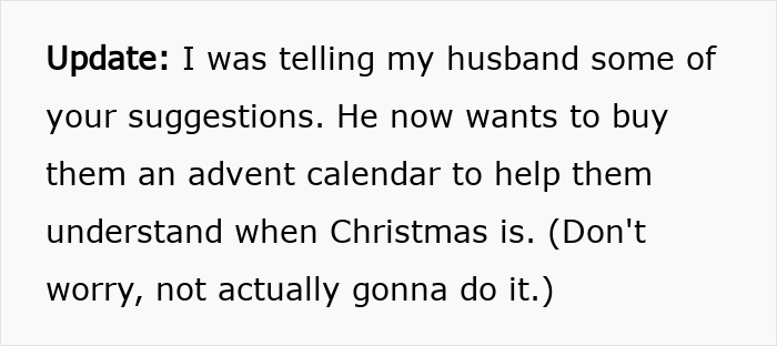 Text update about a woman discussing Christmas gifts and advent calendars with her husband after opening one early.