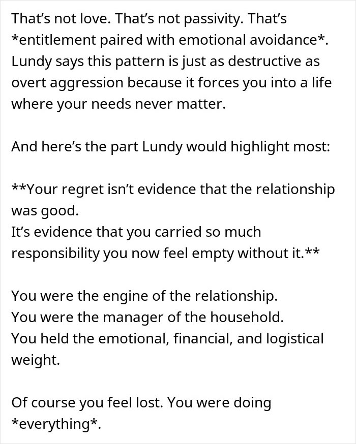 Text excerpt discussing emotional avoidance and regret in relationships after divorce, focusing on emotional responsibility and reality check.