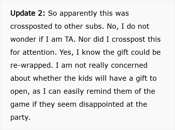 Text excerpt showing a woman&rsquo;s update on thinking she deserves another Christmas gift after opening one early but getting a reality check.