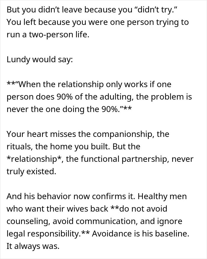 Text excerpt about a woman reflecting on divorce regret and getting a reality check on the relationship dynamics.